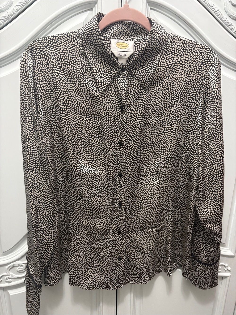 Talbots Black and Ivory Dot-Print Silk Button-Up Blouse - size 14